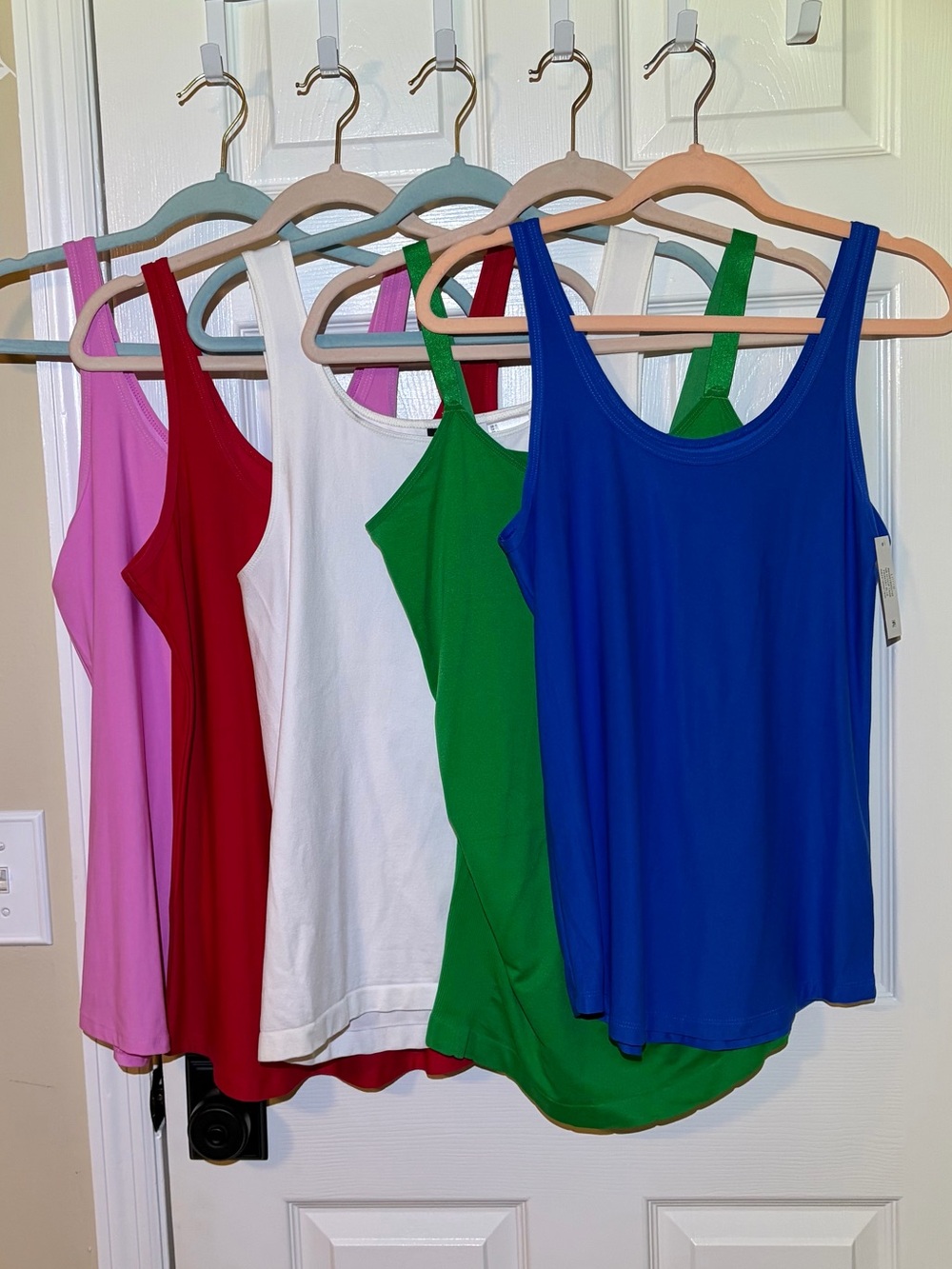 Bundle of 5 Stretch Scoop Neck Tank Tops - Blue, Green, White, Red, Pink. Lg/XL
